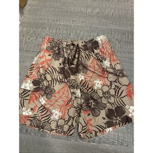 Islander Board Shorts Men Size Small Brown Hawaiian Print Tie Waist Pocket Beach